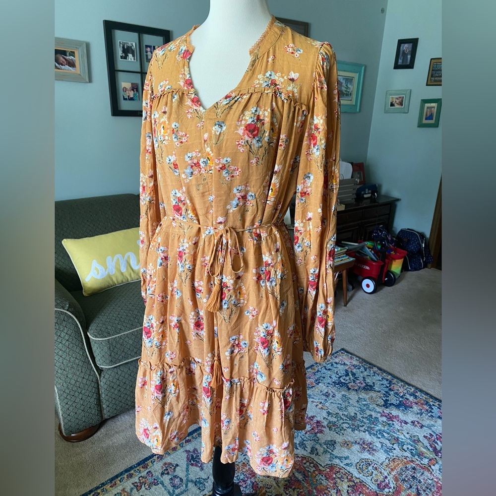 Tan floral dress with tie to cinch the waist